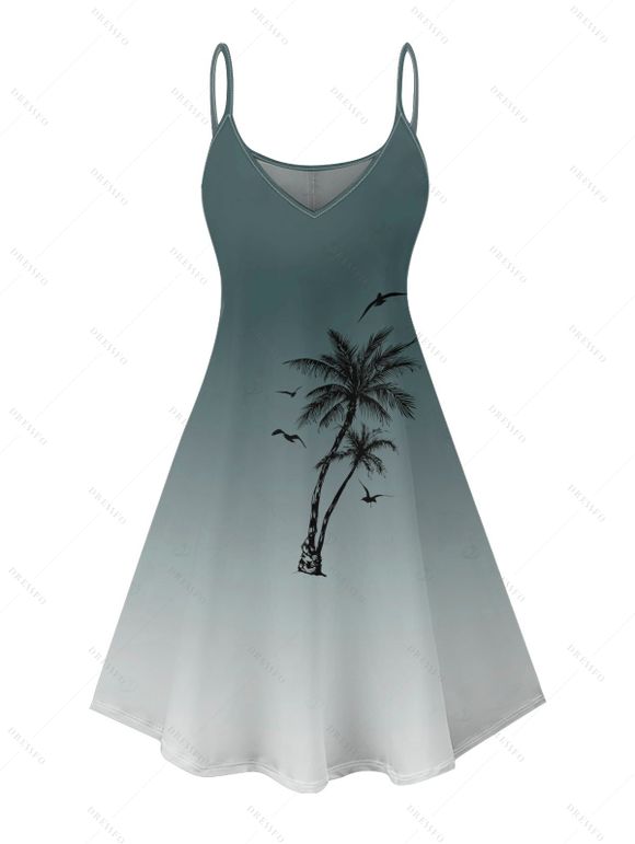 Vacation Couple Outfit Ombre Palm Tree Pattern Spaghetti Strap V Neck A Line Mini Tank Dress and Button Up Shirt Casual Matching Outfit - Vert profond S | US 4