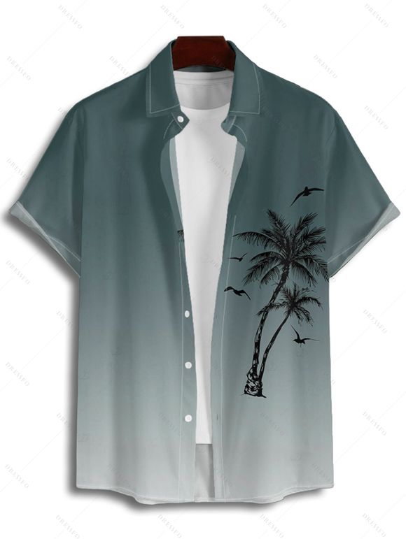 Vacation Couple Outfit Ombre Palm Tree Pattern Spaghetti Strap V Neck A Line Mini Tank Dress and Button Up Shirt Casual Matching Outfit - Vert profond S | US 4