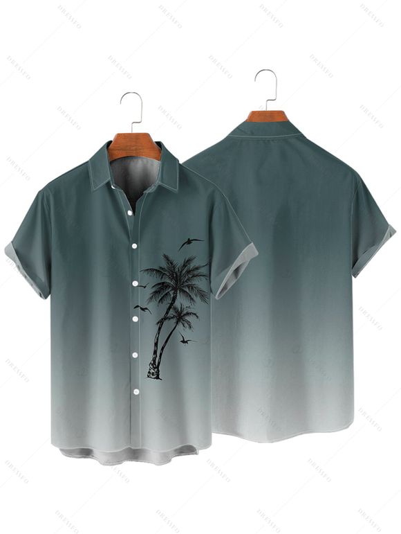 Vacation Couple Outfit Ombre Palm Tree Pattern Spaghetti Strap V Neck A Line Mini Tank Dress and Button Up Shirt Casual Matching Outfit - Vert profond S | US 4