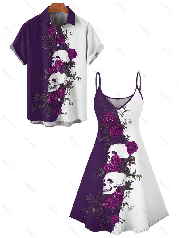 Gothic Couple Outfit Monochrome Rose Skulls Pattern Spaghetti Strap Tank Dress and Button Up Shirt Holiday Matching Outfit - CONCORD S | US 4