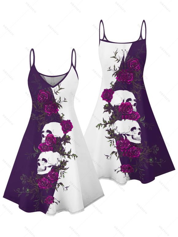 Gothic Couple Outfit Monochrome Rose Skulls Pattern Spaghetti Strap Tank Dress and Button Up Shirt Holiday Matching Outfit - Concorde S | US 4