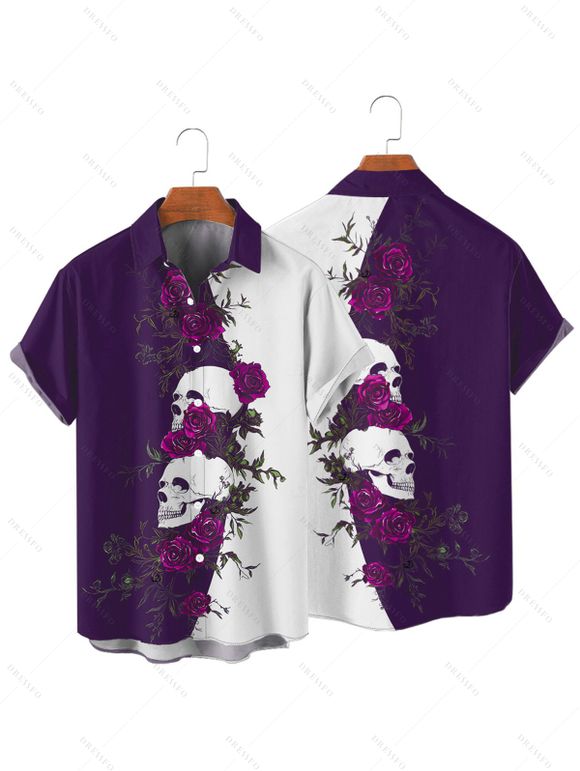 Gothic Couple Outfit Monochrome Rose Skulls Pattern Spaghetti Strap Tank Dress and Button Up Shirt Holiday Matching Outfit - Concorde S | US 4