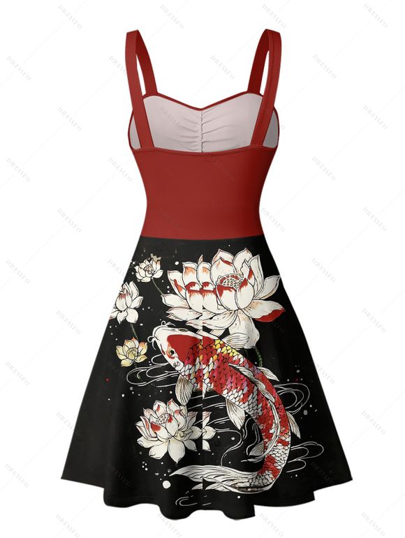 Robe de vacances rétro colorblock à motif de poisson lotus, buste froncé, col en cœur, mini robe décontractée trapèze - Noir XXXXL | US 18