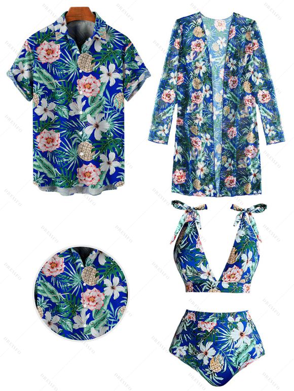 Beach Couple Outfit Tropical Print Tie Shoulder Bikini Triangle See Through Cover 3 Piece Bikini Sets and Button Up Shirt Vacation Matching Outfit - Bleu S | US 4