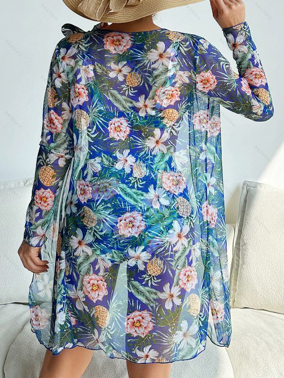 Beach Couple Outfit Tropical Print Tie Shoulder Bikini Triangle See Through Cover 3 Piece Bikini Sets and Button Up Shirt Vacation Matching Outfit - Bleu S | US 4