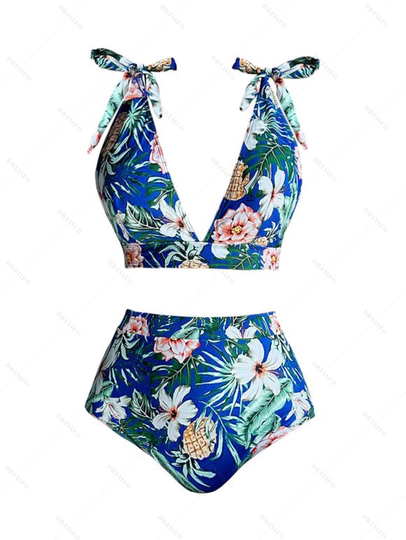 Beach Couple Outfit Tropical Print Tie Shoulder Bikini Triangle See Through Cover 3 Piece Bikini Sets and Button Up Shirt Vacation Matching Outfit - Bleu S | US 4