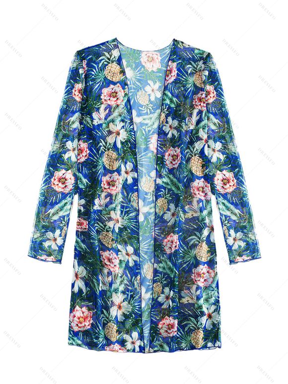 Beach Couple Outfit Tropical Print Tie Shoulder Bikini Triangle See Through Cover 3 Piece Bikini Sets and Button Up Shirt Vacation Matching Outfit - Bleu S | US 4