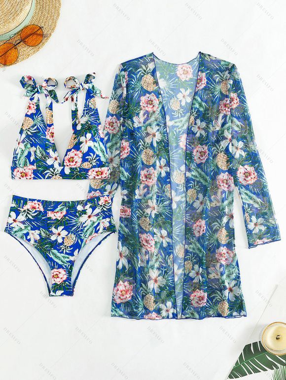 Beach Couple Outfit Tropical Print Tie Shoulder Bikini Triangle See Through Cover 3 Piece Bikini Sets and Button Up Shirt Vacation Matching Outfit - Bleu S | US 4