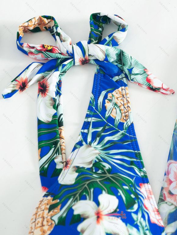 Beach Couple Outfit Tropical Print Tie Shoulder Bikini Triangle See Through Cover 3 Piece Bikini Sets and Button Up Shirt Vacation Matching Outfit - Bleu S | US 4