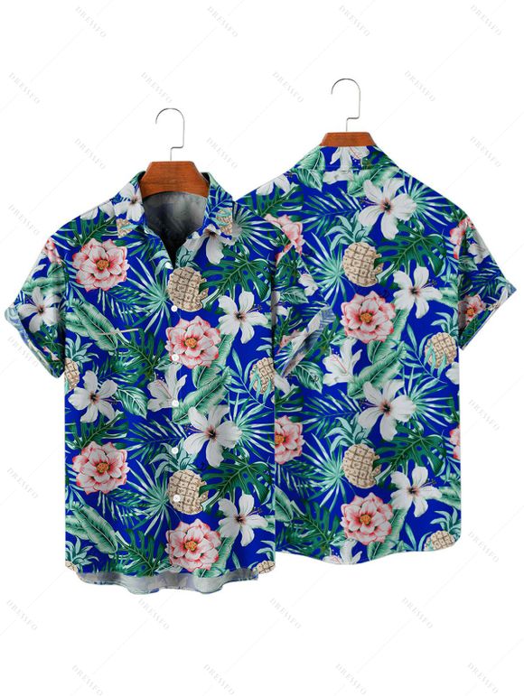 Beach Couple Outfit Tropical Print Tie Shoulder Bikini Triangle See Through Cover 3 Piece Bikini Sets and Button Up Shirt Vacation Matching Outfit - Bleu S | US 4