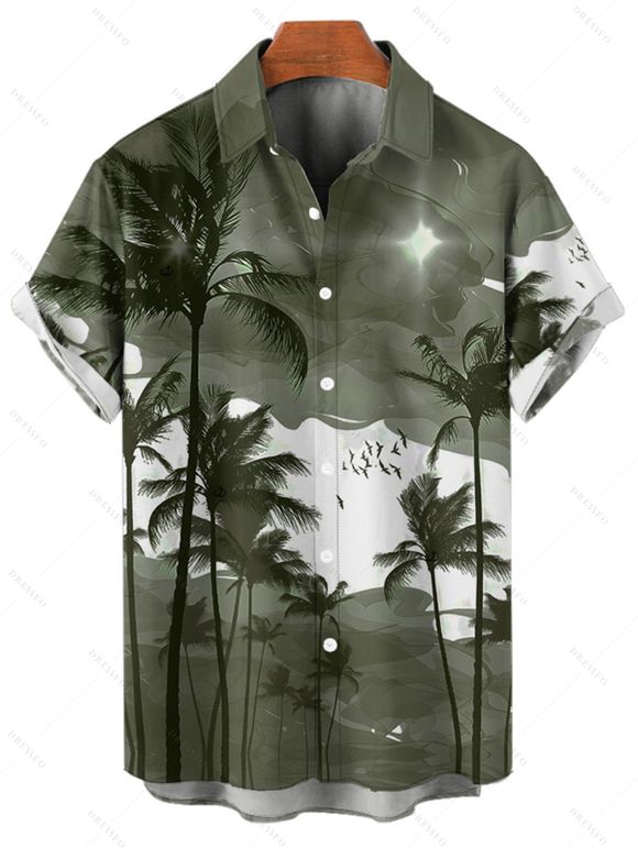 Chemise de vacances à motif palmier ombré pour homme, boutonnée, retroussée, manches courtes, pour la plage - Vert clair 5XL
