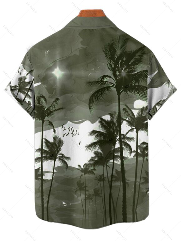 Chemise de vacances à motif palmier ombré pour homme, boutonnée, retroussée, manches courtes, pour la plage - Vert clair S