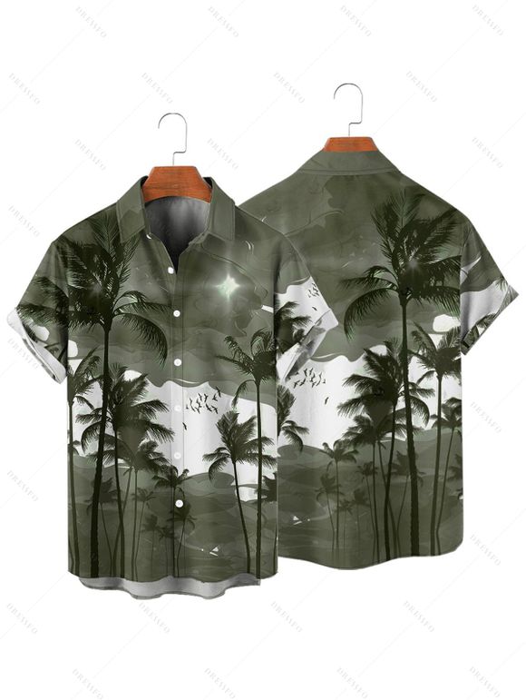 Chemise de vacances à motif palmier ombré pour homme, boutonnée, retroussée, manches courtes, pour la plage - Vert clair S