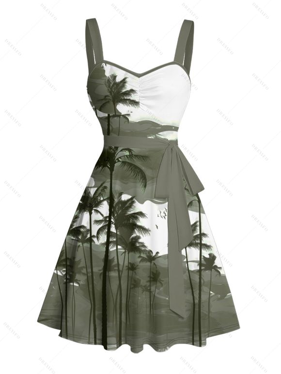 Robe de plage courte à imprimé palmier ombré, buste froncé, ceinture, décolleté en cœur, coupe trapèze - Vert clair XXXXXL | US 20