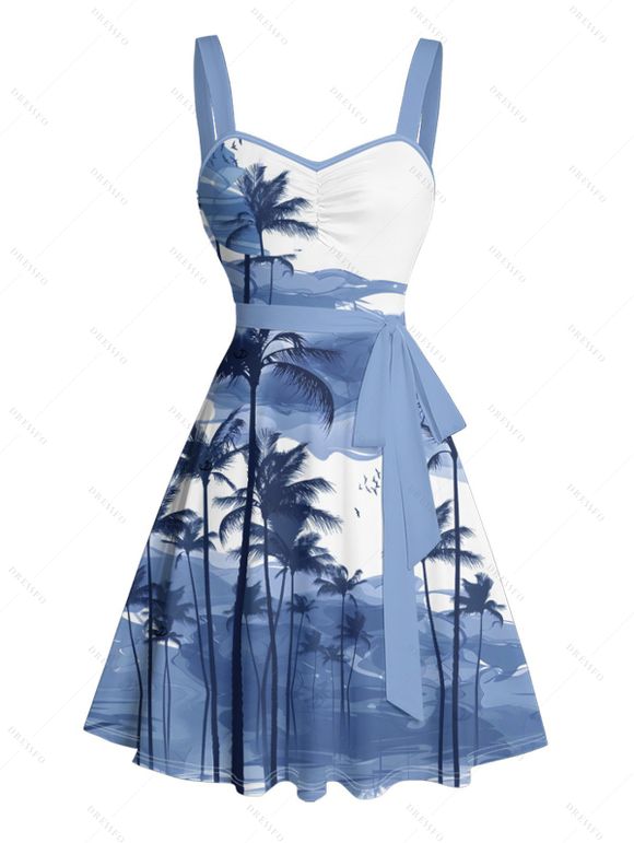 Robe de plage courte à imprimé palmier ombré, buste froncé, ceinture, décolleté en cœur, coupe trapèze - Bleu clair XXXL | US 16