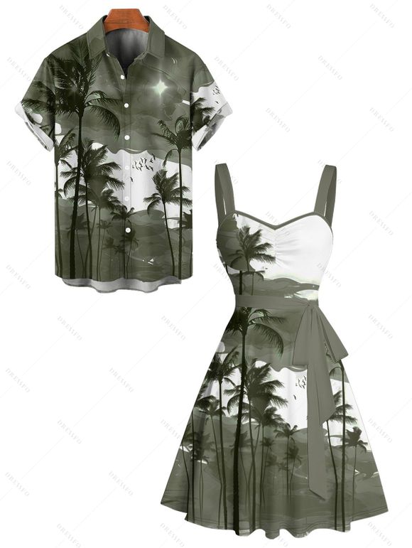 Vacation Couple Outfit Ombre Palm Tree Pattern Ruched Bust Belt Sweetheart Neck A Line Mini Dress and Button Up Shirt Beach Matching Outfit - Vert clair S | US 4
