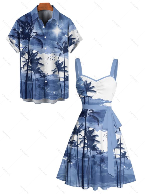 Vacation Couple Outfit Ombre Palm Tree Pattern Ruched Bust Belt Sweetheart Neck A Line Mini Dress and Button Up Shirt Beach Matching Outfit - LIGHT BLUE S | US 4