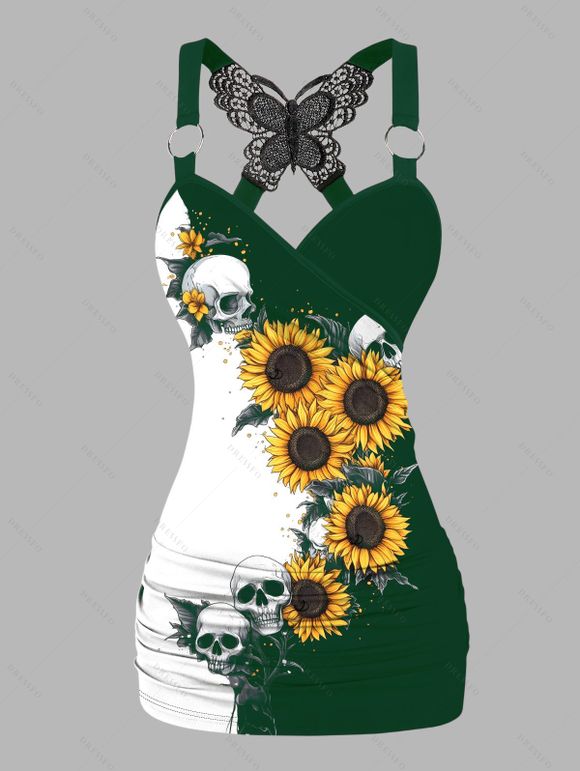 Débardeur gothique monochrome à motif de tournesols et de crânes, en dentelle papillon, avec surplis contrasté et anneau en O, haut de vacances - Vert profond XXL | US 14