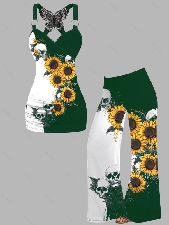 Gothic Women Outfit Monochrome Sunflower Skulls Pattern Butterfly Lace Tank Top and Wide Leg Pants Holiday Two Piece Set - Vert profond S | US 4