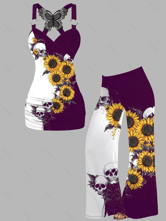 Gothic Women Outfit Monochrome Sunflower Skulls Pattern Butterfly Lace Tank Top and Wide Leg Pants Holiday Two Piece Set - Concorde S | US 4