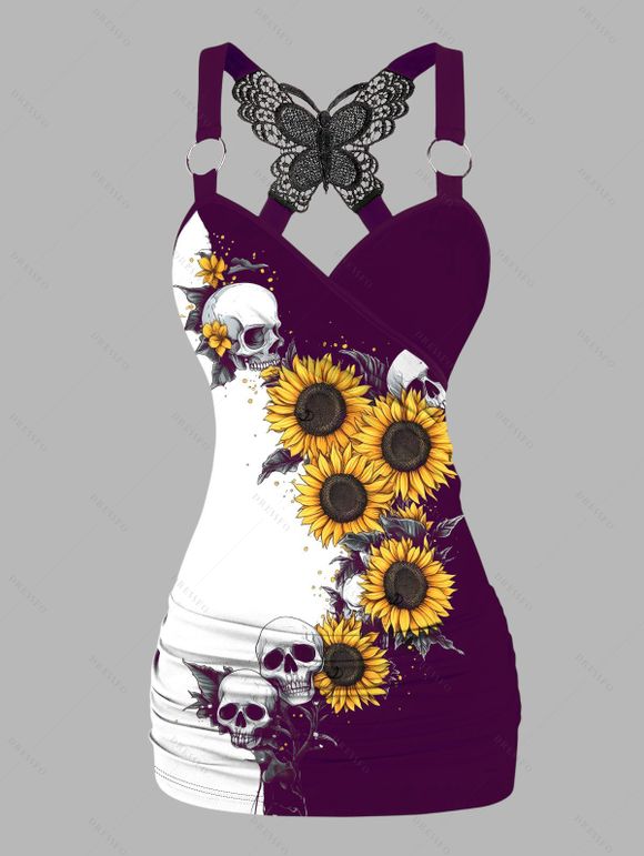 Gothic Women Outfit Monochrome Sunflower Skulls Pattern Butterfly Lace Tank Top and Wide Leg Pants Holiday Two Piece Set - Concorde S | US 4