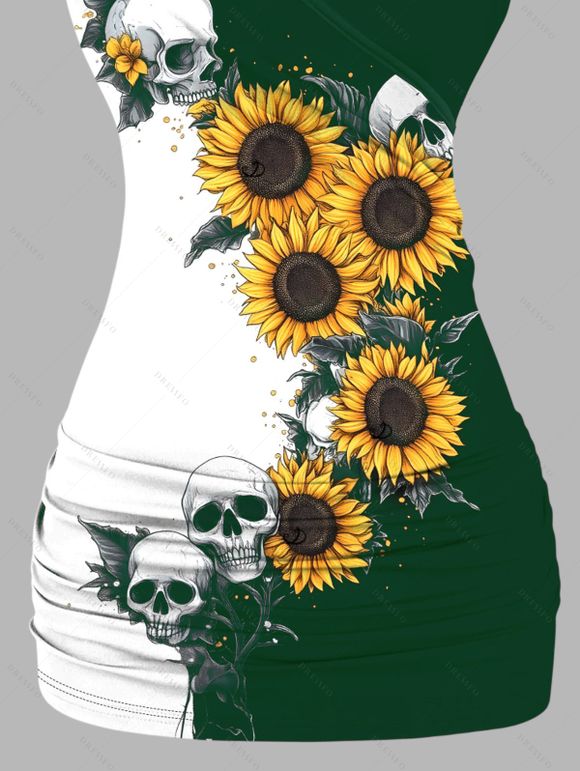 Gothic Women Outfit Monochrome Sunflower Skulls Pattern Butterfly Lace Tank Top and Wide Leg Pants Holiday Two Piece Set - Vert profond S | US 4