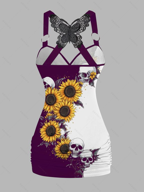 Gothic Women Outfit Monochrome Sunflower Skulls Pattern Butterfly Lace Tank Top and Wide Leg Pants Holiday Two Piece Set - Concorde S | US 4