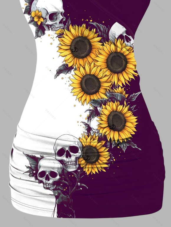 Gothic Women Outfit Monochrome Sunflower Skulls Pattern Butterfly Lace Tank Top and Wide Leg Pants Holiday Two Piece Set - Concorde S | US 4