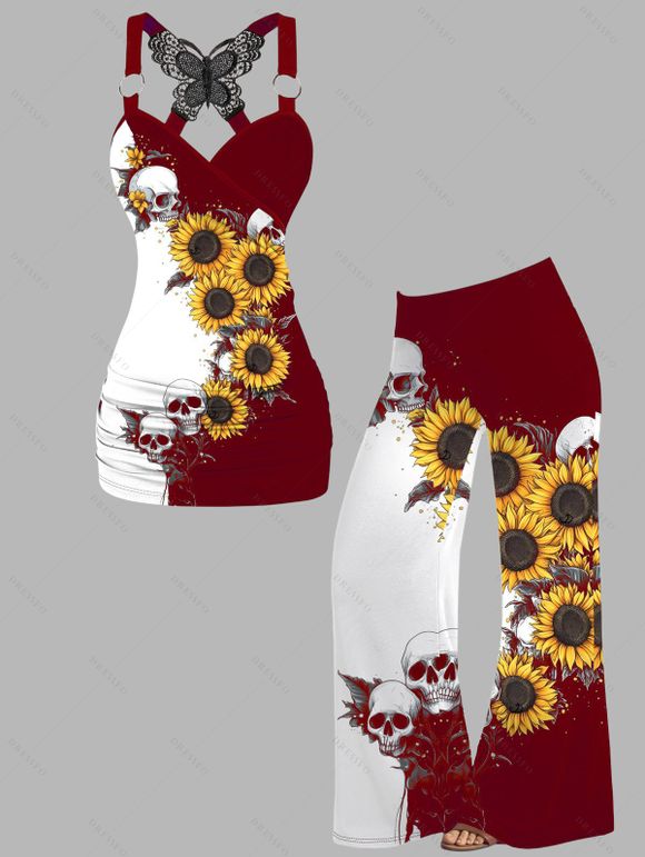 Gothic Women Outfit Monochrome Sunflower Skulls Pattern Butterfly Lace Tank Top and Wide Leg Pants Holiday Two Piece Set - Rouge foncé S | US 4