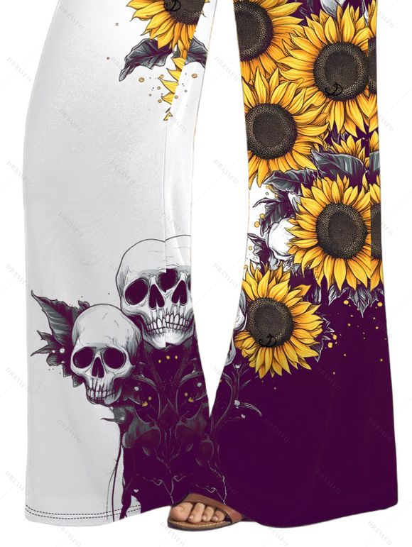 Gothic Women Outfit Monochrome Sunflower Skulls Pattern Butterfly Lace Tank Top and Wide Leg Pants Holiday Two Piece Set - Concorde S | US 4