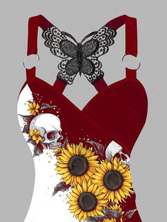 Gothic Women Outfit Monochrome Sunflower Skulls Pattern Butterfly Lace Tank Top and Wide Leg Pants Holiday Two Piece Set - Rouge foncé S | US 4