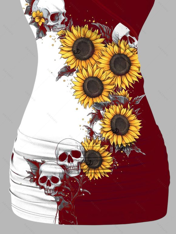 Gothic Women Outfit Monochrome Sunflower Skulls Pattern Butterfly Lace Tank Top and Wide Leg Pants Holiday Two Piece Set - Rouge foncé S | US 4