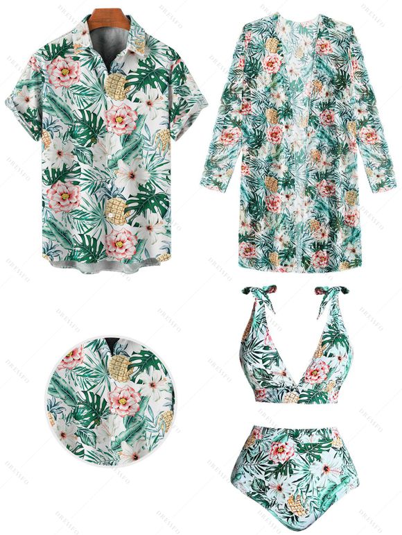 Beach Couple Outfit Tropical Print Tie Shoulder Bikini Triangle See Through Cover 3 Piece Bikini Sets and Button Up Shirt Vacation Matching Outfit - Vert clair S | US 4