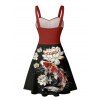 Robe de vacances rétro colorblock à motif de poisson lotus, buste froncé, col en cœur, mini robe décontractée trapèze - Noir XXXXXL | US 20