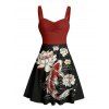 Robe de vacances rétro colorblock à motif de poisson lotus, buste froncé, col en cœur, mini robe décontractée trapèze - Noir XXXXXL | US 20