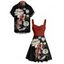 Vacation Couple Outfit Colorblock Retro Style Lotus Fish Pattern Ruched Bust Sweetheart Neck A Line Mini Dress and Button Up Shirt Matching Outfit - Noir S | US 4