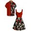 Gothic Couple Outfit Retro Colorblock Skulls Print Ruched Bust Sweetheart Neck A Line Mini Dress and Button Up Shirt Holiday Matching Outfit - Rouge foncé S | US 4