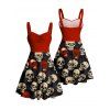Gothic Couple Outfit Retro Colorblock Skulls Print Ruched Bust Sweetheart Neck A Line Mini Dress and Button Up Shirt Holiday Matching Outfit - Noir S | US 4
