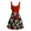 Gothic Couple Outfit Retro Colorblock Skulls Print Ruched Bust Sweetheart Neck A Line Mini Dress and Button Up Shirt Holiday Matching Outfit - Noir S | US 4