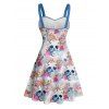 Robe de vacances mini à motif floral coloré et tête de mort, buste froncé, ceinture gothique, décolleté en cœur, coupe trapèze - Blanc XXXXXL | US 20