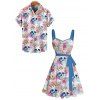 Gothic Couple Outfit Allover Colored Floral Skulls Pattern Ruched Bust Belt Sweetheart Neck Dress and Button Up Shirt Vacation Matching Outfit - Blanc S | US 4
