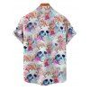Gothic Couple Outfit Allover Colored Floral Skulls Pattern Ruched Bust Belt Sweetheart Neck Dress and Button Up Shirt Vacation Matching Outfit - Blanc S | US 4