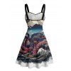 Robe gothique à motif de paysage de vagues de pierre de poulpe, buste froncé, col en cœur, robe de vacances trapèze mini - multicolor XXXXXL | US 20
