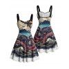 Robe gothique à motif de paysage de vagues de pierre de poulpe, buste froncé, col en cœur, robe de vacances trapèze mini - multicolor XXXXXL | US 20