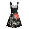 Robe de vacances à motif géométrique en fleur de pêcher, buste froncé, col en cœur, mini robe vintage trapèze - Noir XXXXXL | US 20
