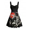 Robe de vacances à motif géométrique en fleur de pêcher, buste froncé, col en cœur, mini robe vintage trapèze - Noir XXXXXL | US 20