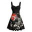 Robe de vacances à motif géométrique en fleur de pêcher, buste froncé, col en cœur, mini robe vintage trapèze - Noir XXXXXL | US 20