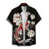 Chemise de vacances à manches courtes et boutons pour homme, style rétro, motif lotus et poisson, décontractée - Noir 5XL