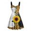 Robe de vacances à motif de feuilles de tournesol de couleur contrastée, buste froncé, col en cœur, mini robe gothique trapèze - Noir XXXXXL | US 20