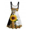 Robe de vacances à motif de feuilles de tournesol de couleur contrastée, buste froncé, col en cœur, mini robe gothique trapèze - Noir XXXXXL | US 20